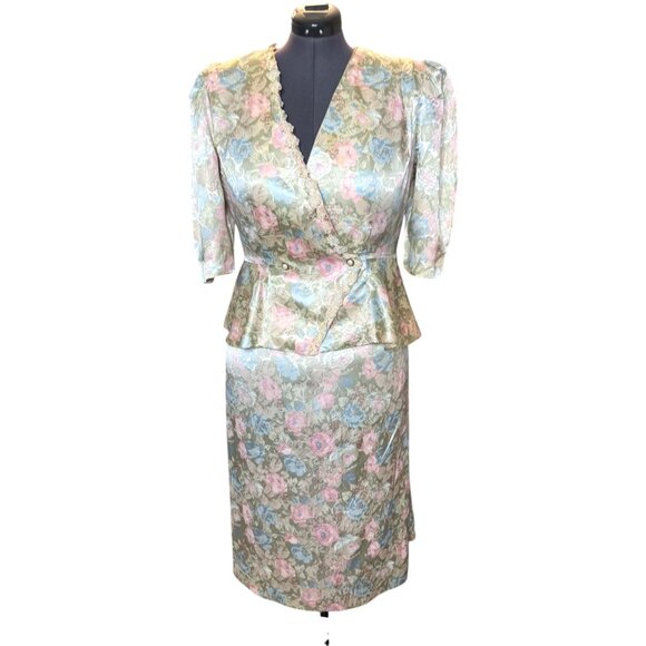 Vintage 1980s Risa Ann Floral Peplum Jacket & Skirt Set With Lace Trim Pastel Co - Picture 10 of 10